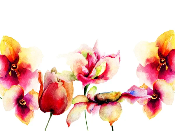 Modèle Carte Vœux Avec Des Fleurs Colorées Aquarelle — Photo