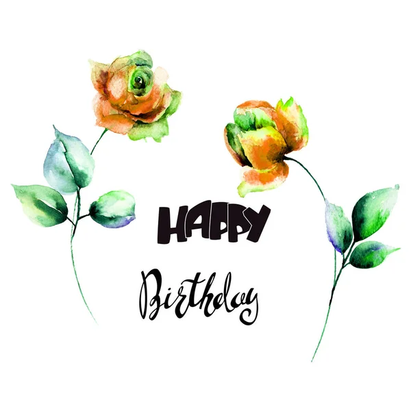 Rode Rozen Bloemen Met Titel Happy Birthday Aquarel Illustratio — Stockfoto