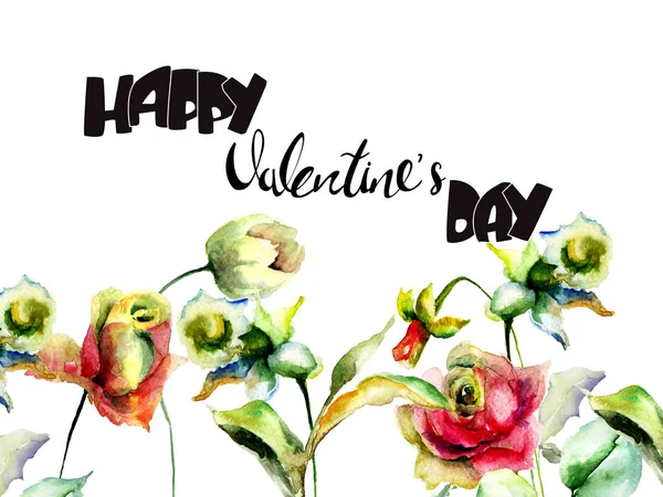 Roses Narcissus Flowers Title Happy Valentines Day Watercolor Illustratio — Stock Photo, Image