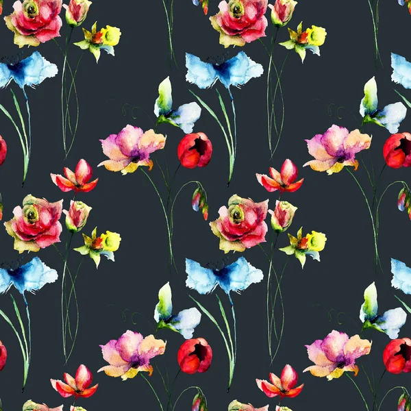 Nahtlose Tapete Mit Wildblumen Aquarellmalerei — Stockfoto