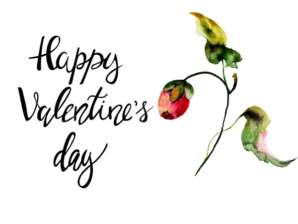 Original Watercolor Illustration Flowers Title Happy Valentines Day Template Greeting — Stock Photo, Image