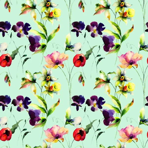 Kwiatowy Wzór Bezszwowe Dzikich Kwiatów Akwarela Ilustracja Dachówka Tapetę Lub — Zdjęcie stockowe