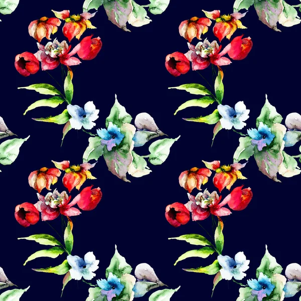 Seamless Pattern Stylized Flowers Watercolor Illustration Tile Wallpaper Fabri — Stock Photo, Image