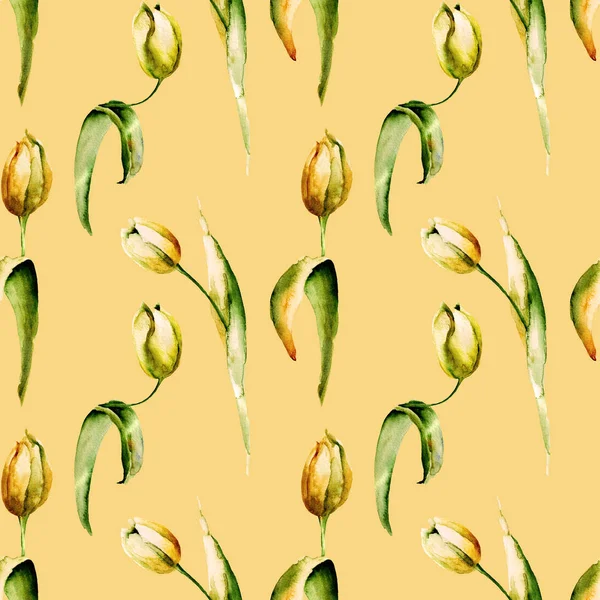 Seamless Pattern Yellow Tulips Flowers Watercolor Illustratio — Stock Photo, Image