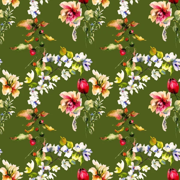 Fondo Pantalla Sin Costuras Con Flores Silvestres Decorativas Ilustración Acuarela —  Fotos de Stock