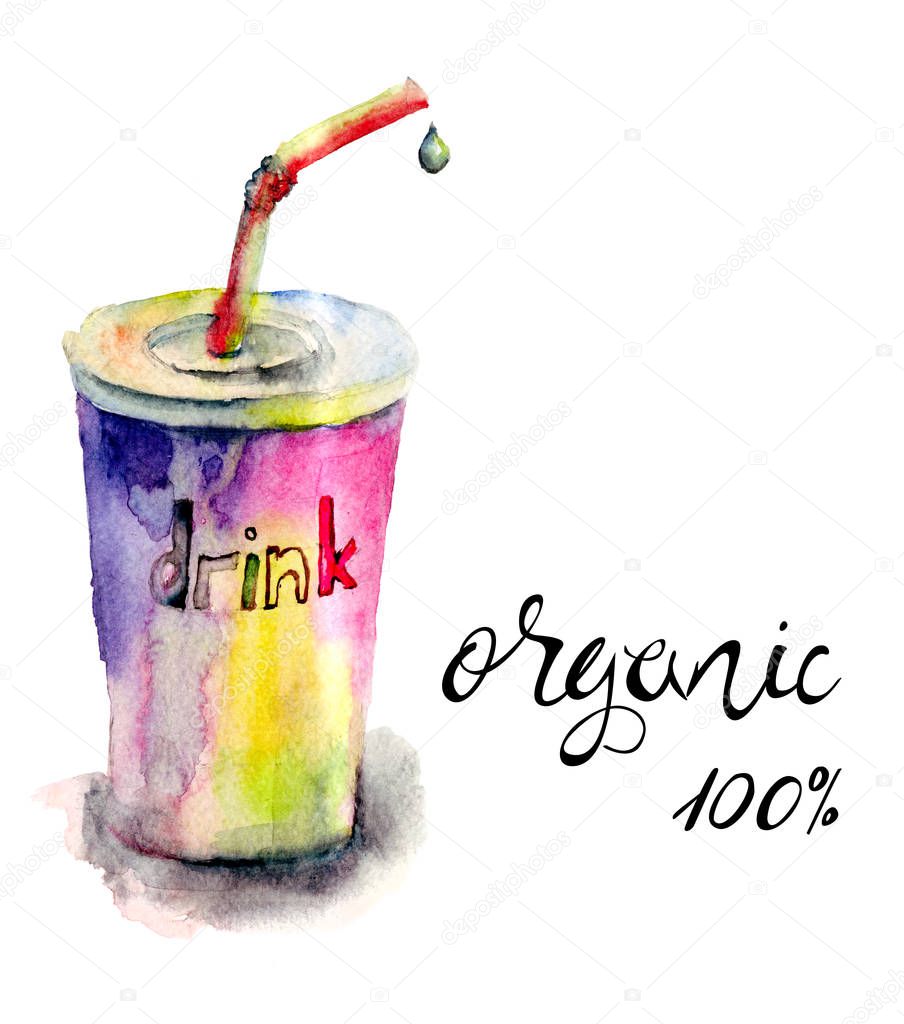 Cup of soda water with straw, watercolor illustration, title organic 100 percen