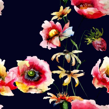 Dekoratif yaz çiçek, sulu boya illustratio ile Seamless Modeli