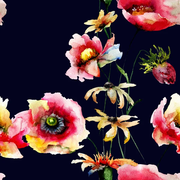 Dekoratif Yaz Çiçek Sulu Boya Illustratio Ile Seamless Modeli — Stok fotoğraf