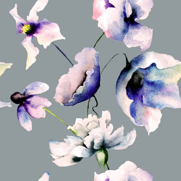 Sömlös Bakgrund Med Blå Blommor Akvarell Illustratio — Stockfoto