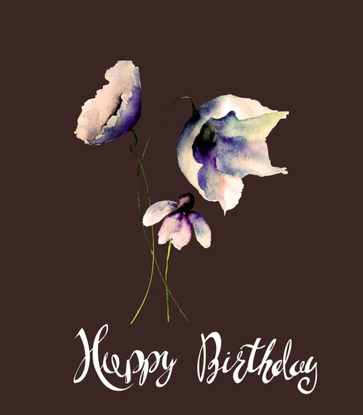 Hermosas Flores Con Título Feliz Cumpleaños Ilustración Acuarela Plantilla Tarjeta —  Fotos de Stock