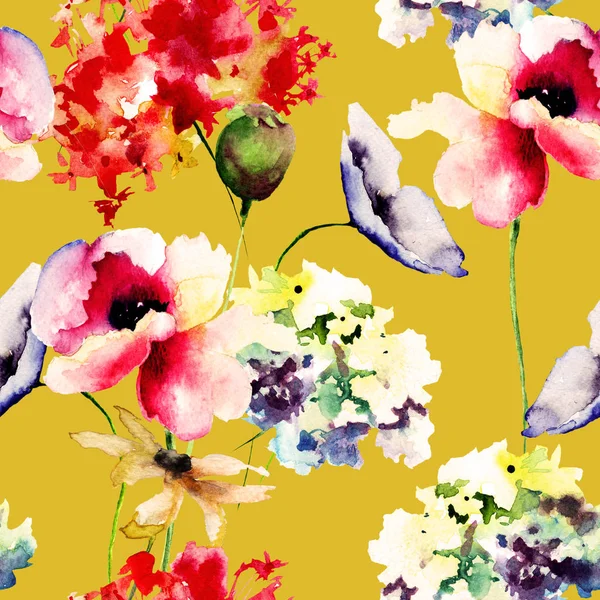 Motif Sans Couture Avec Des Fleurs Pavot Hortensia Illustration Aquarelle — Photo