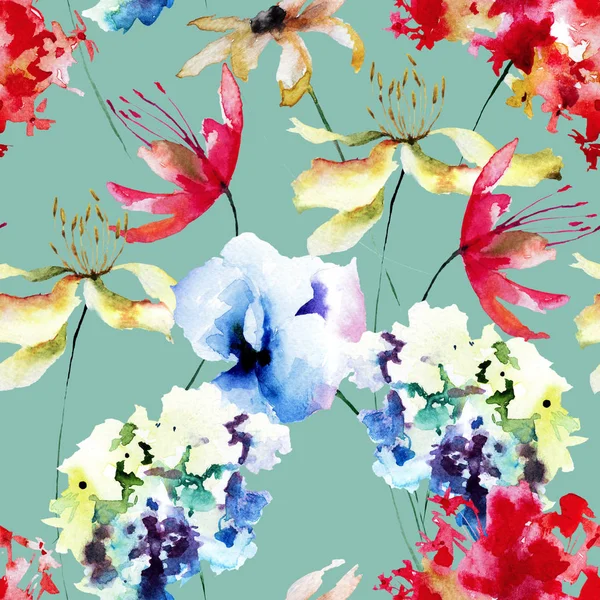 Modello Senza Cuciture Con Fiori Decorativi Estivi Illustrazione Acquerello Disegno — Foto Stock