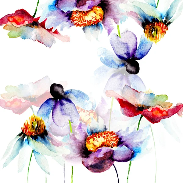Modèle Pour Carte Vœux Avec Fleurs Colorées Aquarelle Dessin Peint — Photo