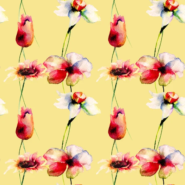 Bezešvá Tapeta Divokých Květin Akvarel Illustratio — Stock fotografie