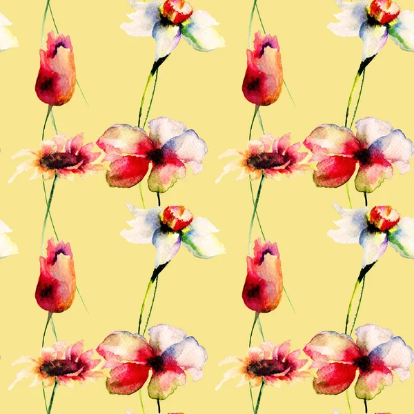 Seamless wallpaper with wild flowers, watercolor illustratio