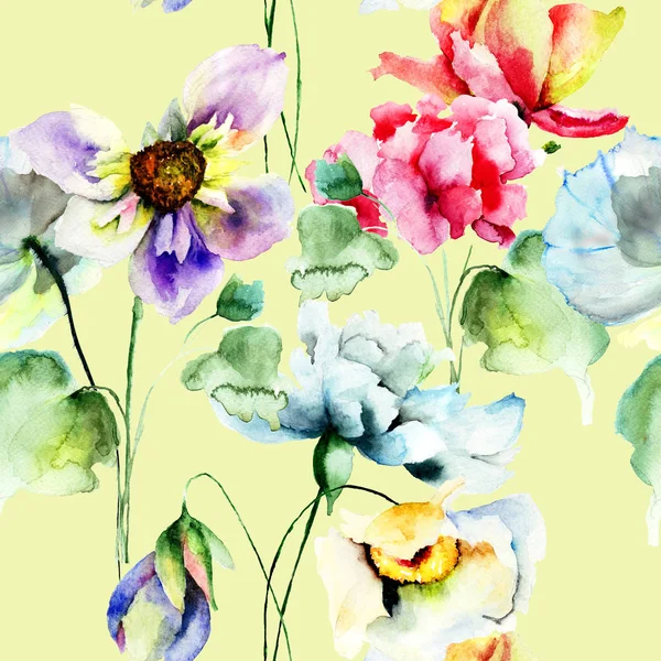 Renkli Kır Çiçekleri Sulu Boya Illustratio Ile Seamless Modeli — Stok fotoğraf