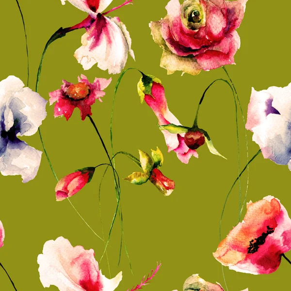 Bezešvé Vzor Dekorativní Letní Květy Akvarel Illustratio — Stock fotografie