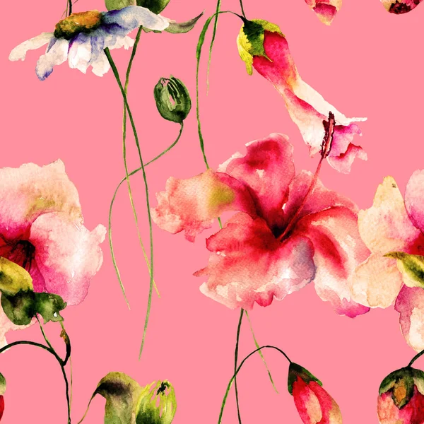 シームレスなパターン装飾的な夏の花の水彩イラストと壁紙やファブリのタイル — ストック写真