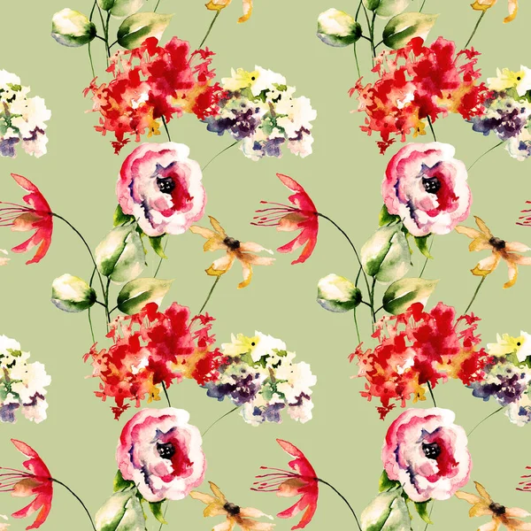 Modello Senza Cuciture Con Fiori Originali Acquerello Illustratio — Foto Stock