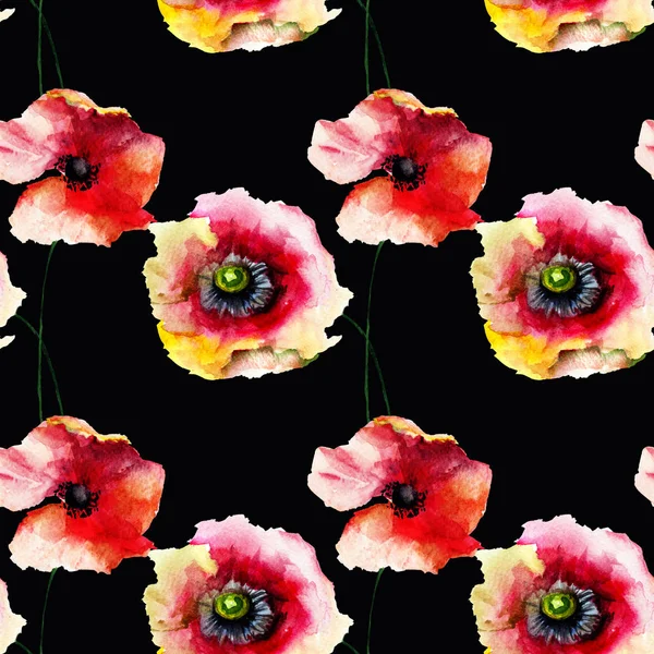 Seamless Pattern Beautiful Poppy Flowers Watercolor Paintin — Stock Photo, Image