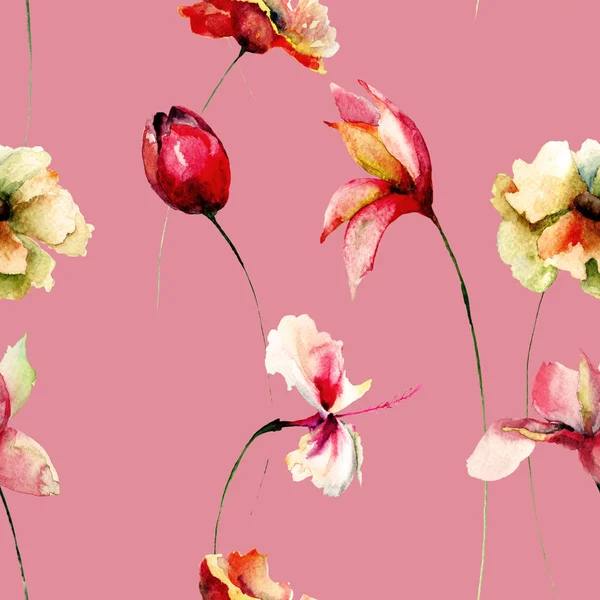 Sömlös Bakgrund Med Dekorativa Vilda Blommor Akvarell Illustratio — Stockfoto