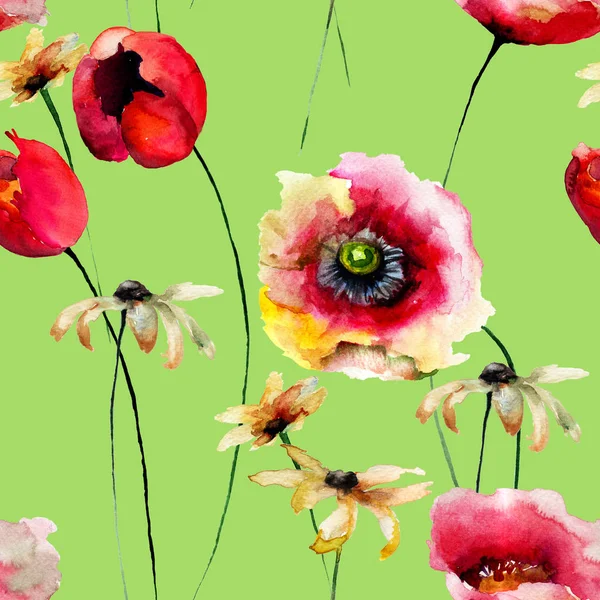 Fondo Pantalla Sin Costuras Con Flores Gerber Tulipanes Ilustración Acuarela —  Fotos de Stock