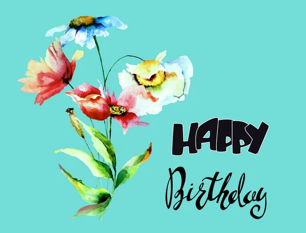 Flores Coloridas Com Título Feliz Aniversário Ilustração Aquarela Modelo Cartão — Fotografia de Stock