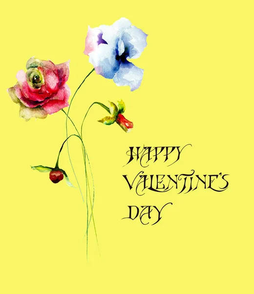 Fiori Stilizzati Acquerello Illustrazione Con Titolo Happy Valentines — Foto Stock