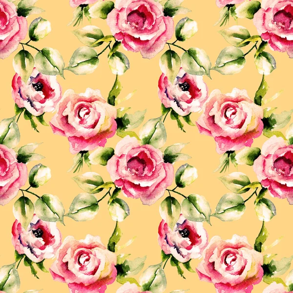 Patrón Sin Costuras Con Flores Rosas Ilustración Acuarela —  Fotos de Stock