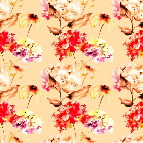 Naadloos Behang Met Gerber Hydrangea Bloemen Aquarel Illustratie Hand Geschilderd — Stockfoto