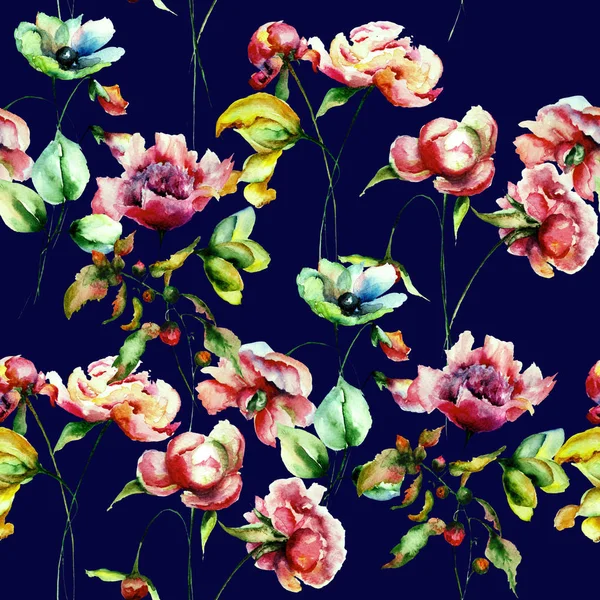 Seamless Pattern Garden Flowers Watercolor Illustration Hand Painted Drawin — Stock Photo, Image