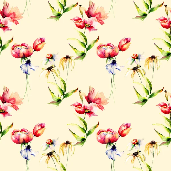 Bezszwowe Tapeta Wiosennych Kwiatów Akwarela Paintin — Zdjęcie stockowe
