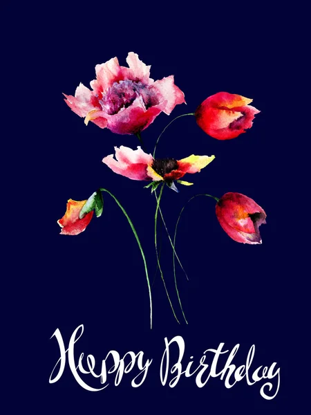 Mák Pünkösdi Rózsa Tulipán Virágok Címmel Boldog Születésnapot Akvarell Illustratio — Stock Fotó