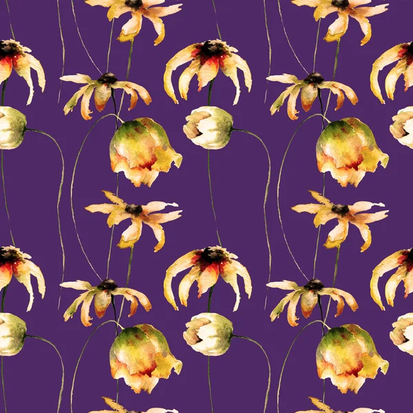 Seamless wallpaper with Yellow Gerber and Tulips flowers, watercolor illustratio