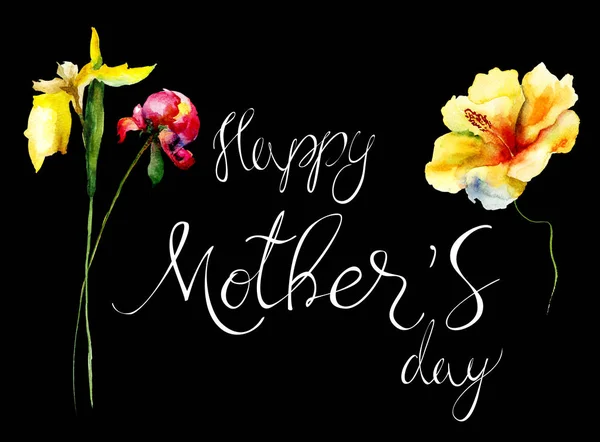 Originele Aquarel Illustratie Met Bloemen Titel Happy Mothers Day Sjabloon — Stockfoto