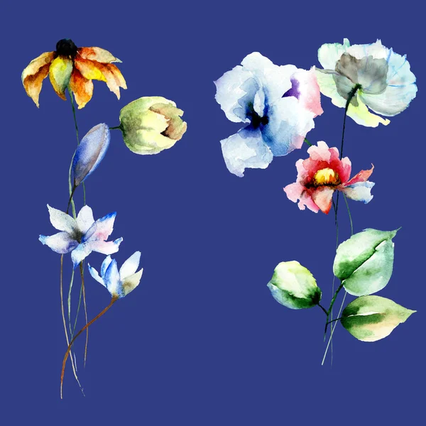 Πρότυπο Για Ευχετήρια Κάρτα Τυποποιημένο Λουλούδια Ακουαρέλα Illustratio — Φωτογραφία Αρχείου