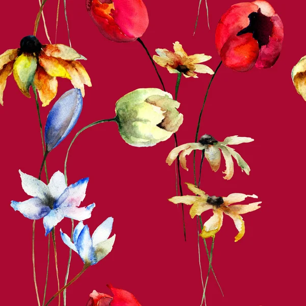 Χωρίς Ραφή Πρότυπο Διακοσμητικά Λουλούδια Ακουαρέλα Illustratio — Φωτογραφία Αρχείου