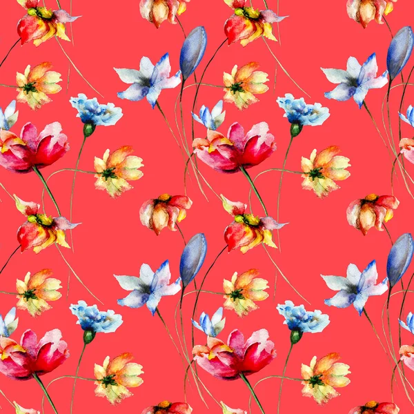 Seamless Wallpaper Stylized Spring Flowers Watercolor Illustratio — Stock Photo, Image