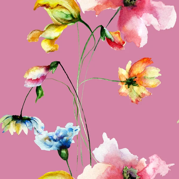 Modèle Sans Couture Avec Des Fleurs Sauvages Colorées Illustration Aquarelle — Photo