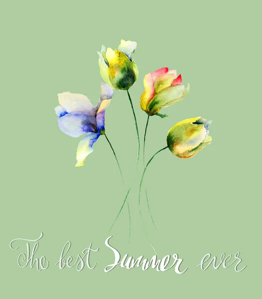 风格的花卉水彩插图与标题最好的夏天有史以来 贺卡模板与书写 — 图库照片
