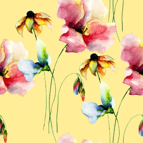 Padrão Sem Costura Com Flores Ilustração Aquarela Telha Para Papel — Fotografia de Stock