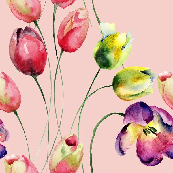 Seamless wallpaper with Tulips flowers, watercolor illustration, Tile for wallpaper or fabri
