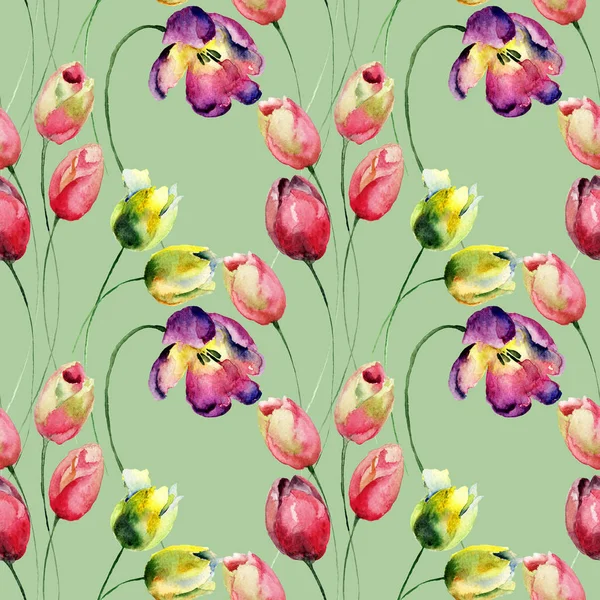Seamless Wallpaper Tulips Flowers Watercolor Illustration Tile Wallpaper Fabri — Stock Photo, Image