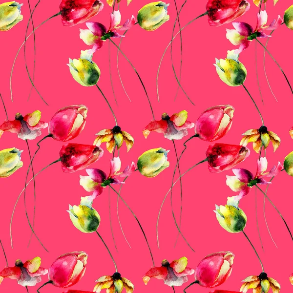 Seamless wallpaper with Tulips and Gerbera flowers, watercolor illustration, Tile for wallpaper or fabri