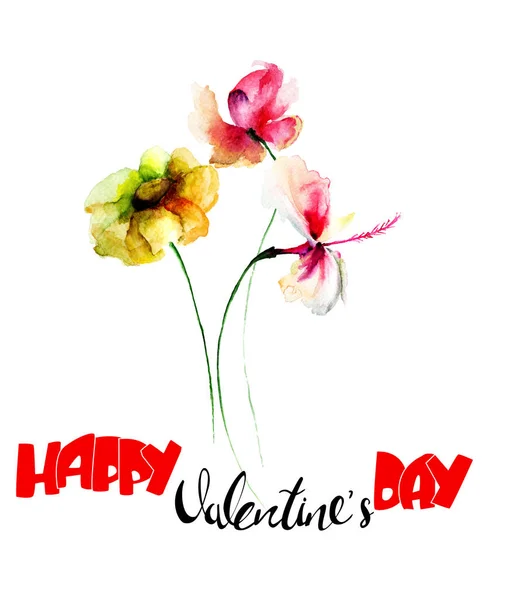 Eredeti Virágok Akvarell Illusztráció Cím Boldog Valentin Nap Hboliday Kártya — Stock Fotó