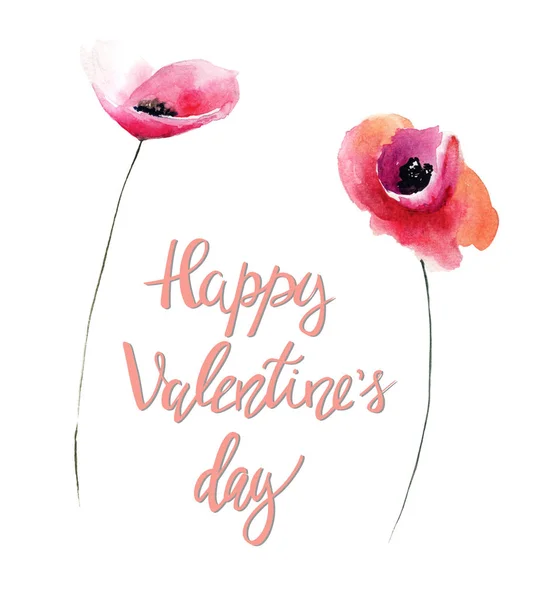 Flores Amapola Roja Con Título Feliz Día San Valentín Ilustración —  Fotos de Stock