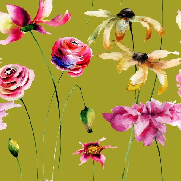 夏の花の水彩画の絵画のシームレスな壁紙 — ストック写真