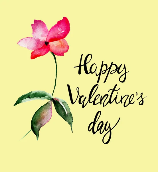 Wilde Blume Mit Titel Glücklicher Valentinstag Aquarell Illustratio — Stockfoto