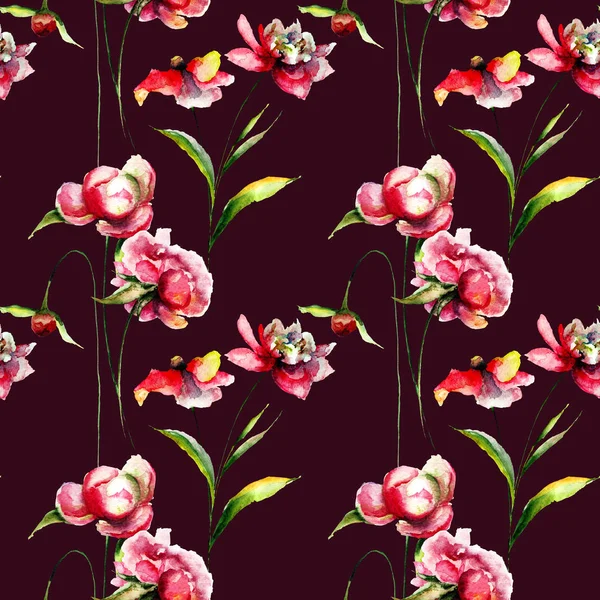 Seamless Pattern Peony Flowers Watercolor Paintin — Stock Photo, Image