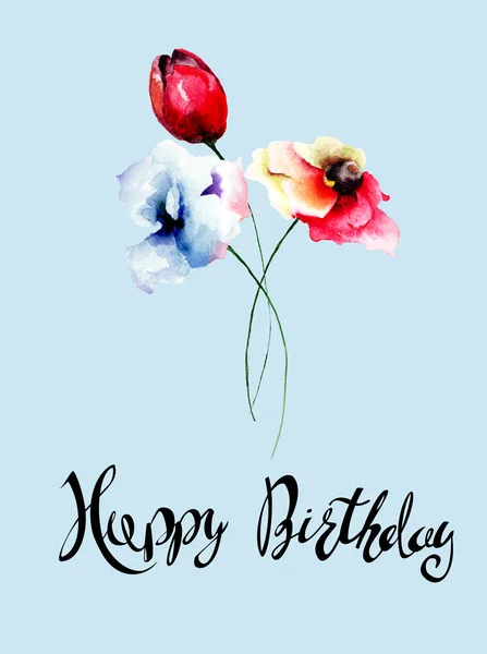 Bunte Wildblumen Mit Titel Happy Birthday Aquarell Illustratio — Stockfoto